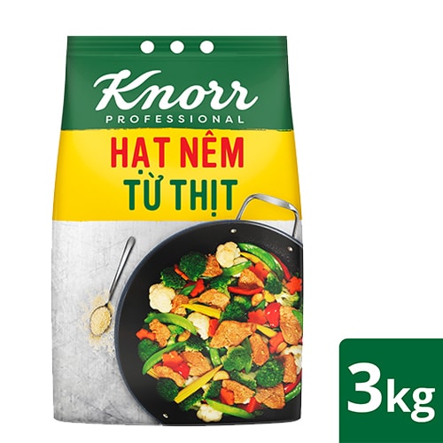 Knorr Hạt Nêm Từ Thịt 3kg - Knorr Hạt Nêm Từ Thịt được làm từ thịt thăn, xương ống và tủy giúp món ăn thơm ngon, tròn vị